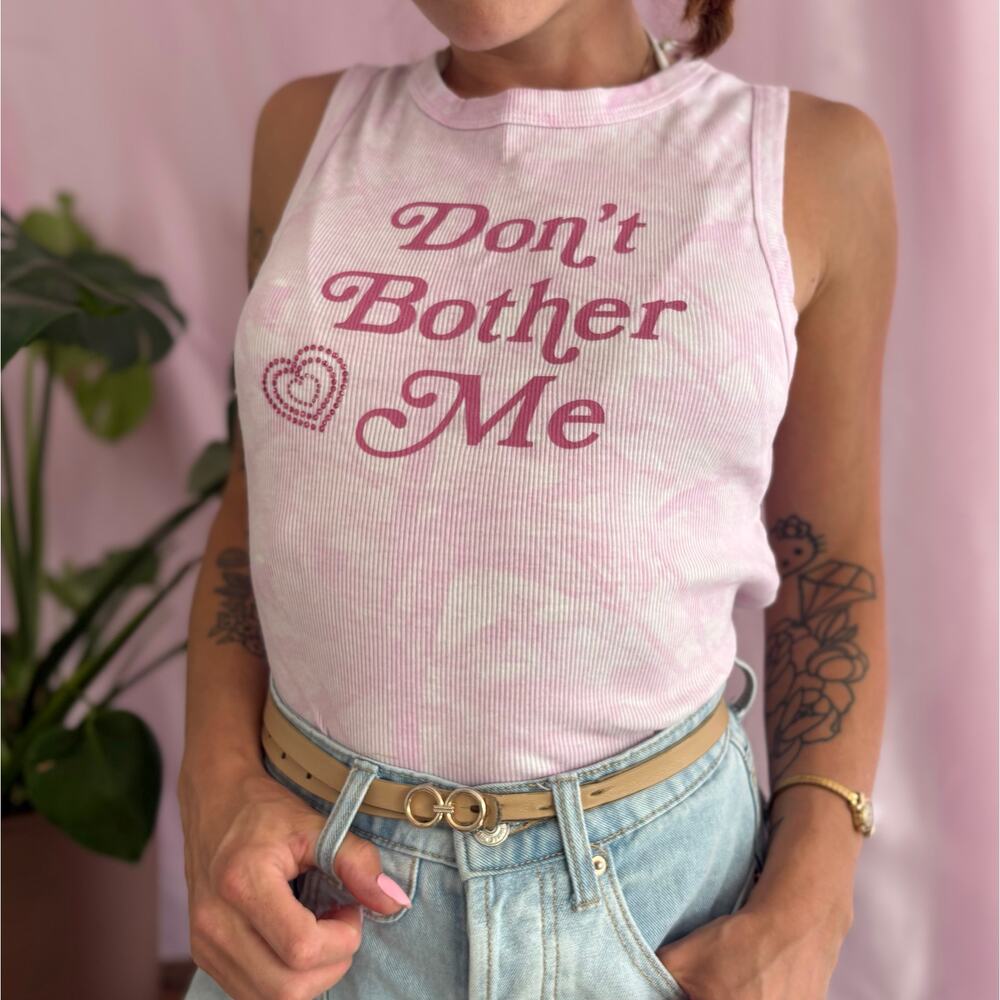 Mocnrise Pink Tie Dye “Don’t Bother Me” Graphic Ribbed Tank Y2K Baby Tee